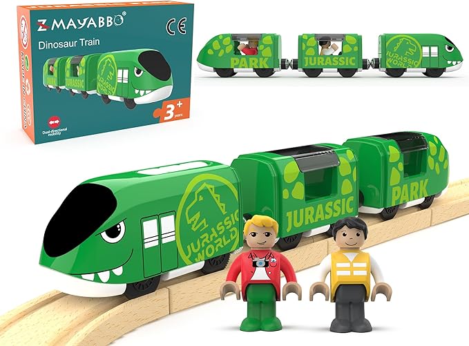 Toy Train Set for Wooden Tracks, Battery Operated Train for Toddlers, Motorized Train with Dinosaur Train for Kids, Electric Train Toy Compatible with Thomas & Friends, Brio