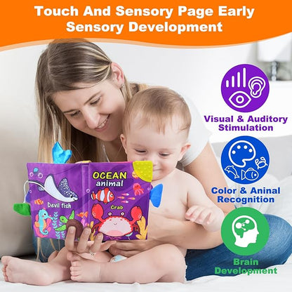 Crinkle Books for Babies,Touch and Feel Cloth Soft Books for Babies,Sensory for Baby Books 0-6 Months with Bi Bi Whistle,Mirror & Teething Toys,for Boy and Girl Gifts for Newborn Babies