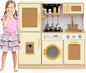 Costzon Kids Kitchen Playset, Wooden Play Kitchen w/Rattan Door, Realistic Lights & Sounds, Water Dispenser, Washing Machine, Cooking Accessories, Montessori Toy for Kids 3+ Year Old (Yellow)
