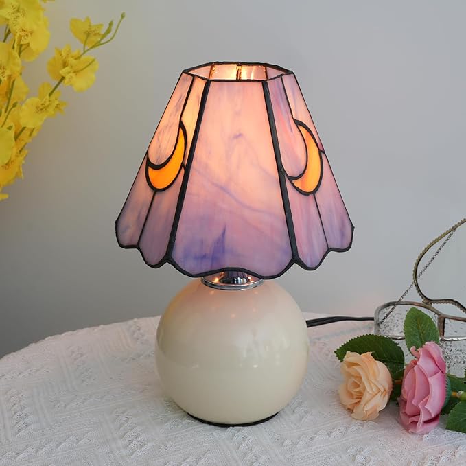 Mushroom Lamp Tiffany Stained Glass Moon lamp Cute Small Bedside Table Lamps for Living Room Home Decor,Girls Women Birthday Christmas Thanksgiving Day Gift,Pink Blue