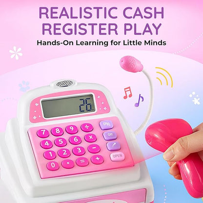 Ice Cream Store Mini Cash Register with Pretend Play Desserts, Working Scanner, Calculator, Microphone, Money and Credit Card