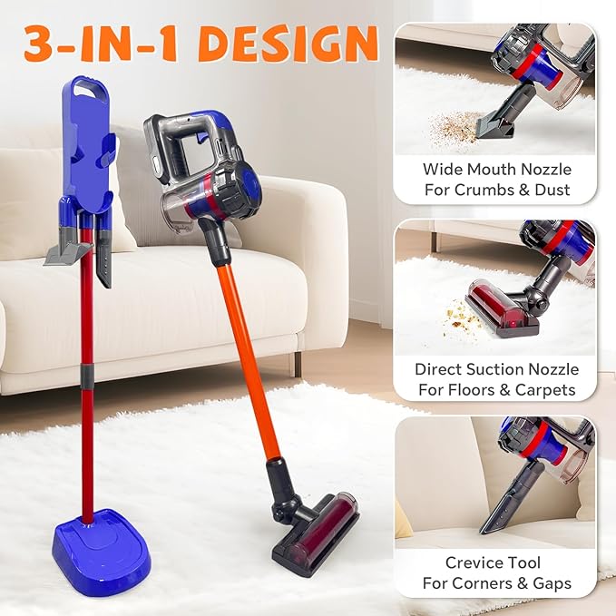 3-in-1 Kids Vacuum That Really Works - Toddler Vacuum Cleaning Toy Set, Kids Working Play Vacuum Cleaner with Real Suction, Montessori Housekeeping Toy for Toddlers 3 4 5 6+