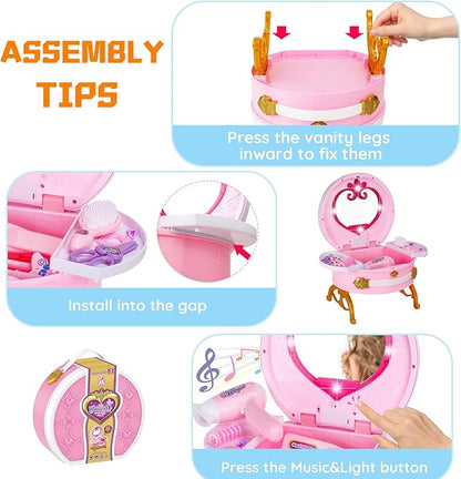 Portable Princess Vanity with Real Mirror, Toddler Makeup Vanity & Styling Tools, Lights and Sounds, Girls Toys Gifts for 3-12 Year Old Kids Birthday Gift