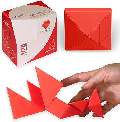 Pickagram Tangram 3D Magnetic Puzzle for Kids (8-12), Adults & Seniors | STEM Certified Fidget Puzzle - Magnetic Pattern Blocks for Cognitive Development, Creativity & Focus - Red