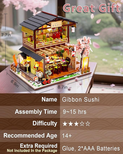 Miniature House Kit – Gibbon Sushi, DIY Wooden Dollhouse for Adults with LED & Furniture, Tiny House Craft Gift for Teens Families Friends
