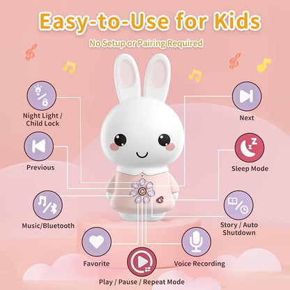 alilo Honey Bunny Pro, Kids Music Player with Night Light, Bluetooth, Recorder, Preloaded 71 Nursery Rhymes, 50 Stories, 55 Soothing Music, Storytelling Toys Gifts for Toddlers Baby Boy Girl,Pink