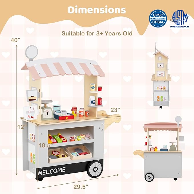 HONEY JOY Kids Food Cart, 30-Piece Toddler Pretend Play Grocery Store Playset w/Cash Register & Scale, Wooden Dessert Shop Play Market, Children Beverage Stand Cart w/Wheels, Gift for Boys Girls