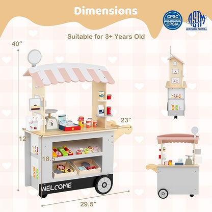 HONEY JOY Kids Food Cart, 30-Piece Toddler Pretend Play Grocery Store Playset w/Cash Register & Scale, Wooden Dessert Shop Play Market, Children Beverage Stand Cart w/Wheels, Gift for Boys Girls