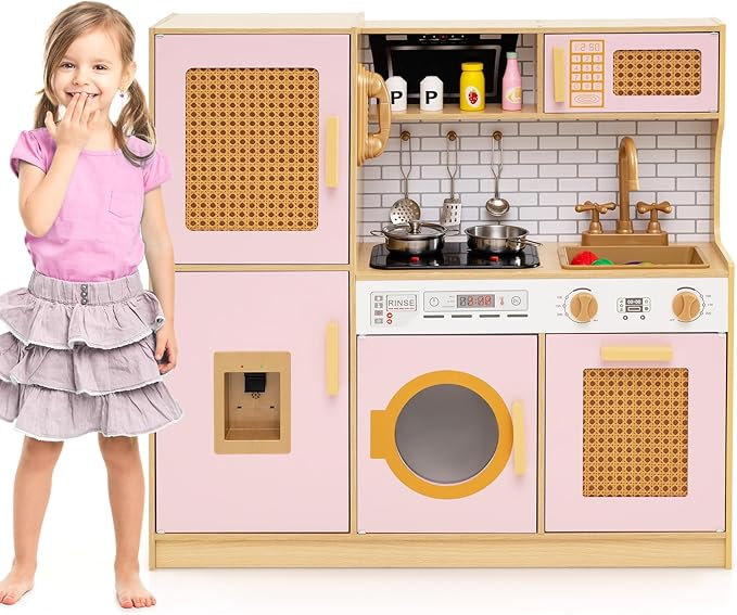 Costzon Kids Kitchen Playset, Wooden Play Kitchen w/Rattan Door, Realistic Lights & Sounds, Water Dispenser, Washing Machine, Cooking Accessories, Montessori Toy for Kids 3+ Year Old (Pink)