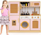Costzon Kids Kitchen Playset, Wooden Play Kitchen w/Rattan Door, Realistic Lights & Sounds, Water Dispenser, Washing Machine, Cooking Accessories, Montessori Toy for Kids 3+ Year Old (Pink)