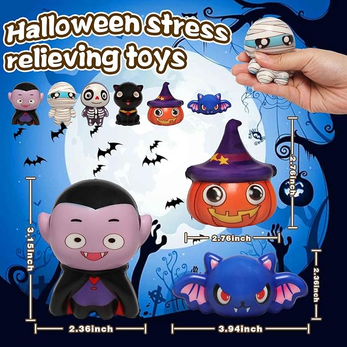 New 6 Packs-Halloween Squishies Toys Slow Rising, Gift Box Includes Pumpkin, Vampire,Black Cat,Mummy,Human Skeleton, Bat, Halloween Soft Stress Relief Toys for Girls,Boys,Kids Party(6pcs-4)