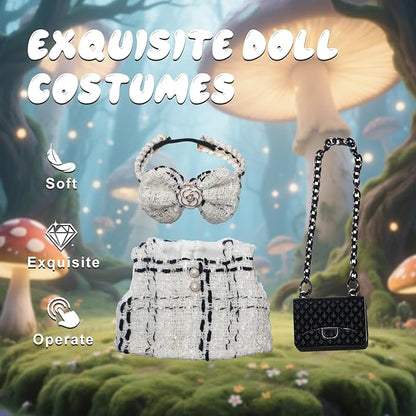 17cm Doll Clothes Dress Hairpin 3 Piece Set Luxury Accessories Outfit Set for 17cm Dolls(NO Doll)(Colorful Shirt+Bow Hairpin+Bag)
