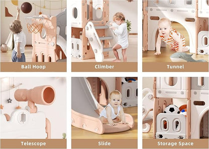 XJD 7 in 1 Toddler Slide Set, Kids Slide for Toddlers Age 1+, Toddler Climber Slide PlaySet with Basketball Hoop and Ball,Outdoor Indoor Playground for Toddlers 1-3 (Pink)