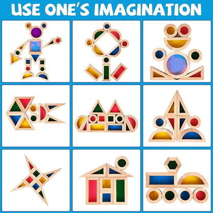 Wooden Rainbow Building Blocks for Kids 32 Pcs Rainbow Stacker Stacking Blocks Game Colorful Construction Toys Preschool Learning Educational Toys -Geometry Wooden Blocks for Boys & Girls