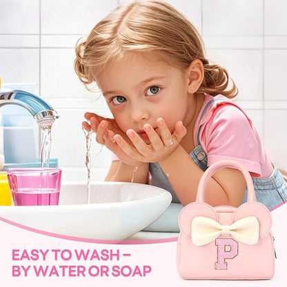 Kids Real Makeup Kit for Girls - 18Pcs Non-Toxic Washable Make Up Toys with Initial Toddler Purse - Personalized Birthday Gifts for Age 3 4 5 6 7 8 9 10 Years Old Girls Vanity Set - P