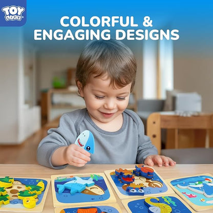 TOY Life Wooden Puzzles for Toddlers 2-4, Sea Animals Puzzles for Toddlers 1-3, Wood Puzzles Educational Montessori Toys Gifts for 1 2 3 Year Old, Baby Kids Learning Toy