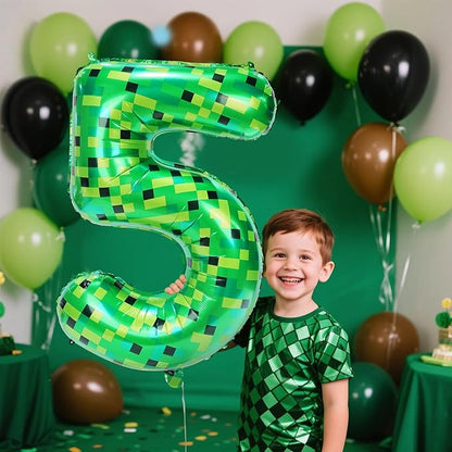 40in Pixel Giant Number 5 Balloon Birthday Decorations, Miner Theme Green Foil Balloons Blast Gaming Party Supplies