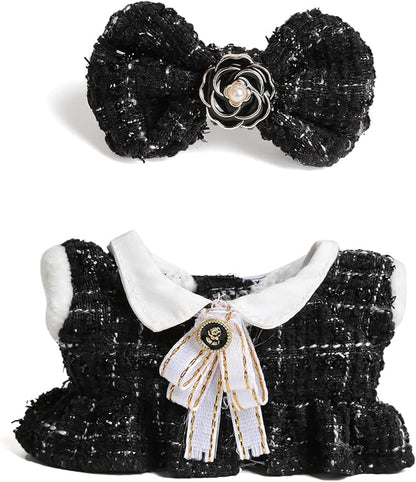 17cm Doll Clothes for Labubu - Luxury Chic Style Set for 17cm Dolls Outfit - Accessories for Dolls Clothes -Black Plaid Tweed Dress + White Necktie + Black Bow (No Doll)