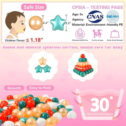 Ball Pit Balls Pack of 100 200 500 - Star and Round Set BPA Free Phthalate Free Non-Toxic Crush Proof Play Balls Soft Plastic Balls for Toddlers Baby Kids Birthday Pool Tent Party