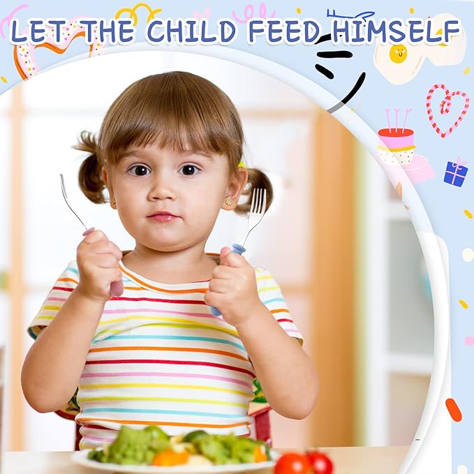 Chumia 9 Pieces Stainless Steel Toddler Forks, Kids Safe Utensils Set Baby Kids Self Feeding Training Cutlery with Round Handle, Stainless Steel Metal Flatware for Children Boys Girls, Dishwasher Safe