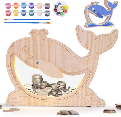 Wooden Piggy Bank for Kids, DIY Night Light Personalized Money Bank for Boys, Girls, Unbreakable Saving Box with Paintbrush and 12 Paints, Coin Jar Gifts for Kids Birthday&Decor(Whale)
