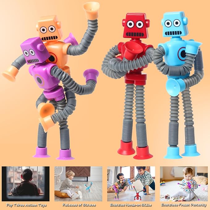 4 Pcs Telescopic Suction Cup Robot Fidget Toy, Coolest Pop Tubes Sensory Toys for Toddlers, Educational Toys Robot Party Favors for Anxiety Kids for 3-9 Year Old Boys Girls
