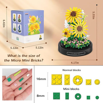 QLT QIAOLETONG Flower Bouquet Building Set, 545 PCS Sunflower Mini Building Blocks Kit for Adults Kids, Flowers Botanical Collection for Home Decor, for Her Mom Women