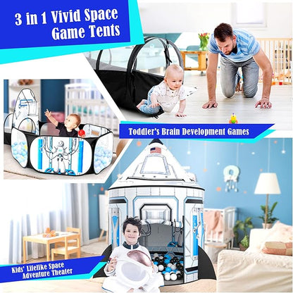 3pc Kids Play Tent for Girls with Ball Pit, Crawl Tunnel, Princess Tents for Toddlers, Baby Space World Playhouse Toys (3PC White Rocket Play Tent)