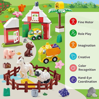 Building Blocks for Toddlers 1-3-5, Farm DIY Big Classic Building Bricks Toys Set for Kids Ages 2-4-5-8 With Barn, Animals, Truck, Compatible With All Major Brands, Gift Toy for 3-5 Boys Girls 74 Pcs