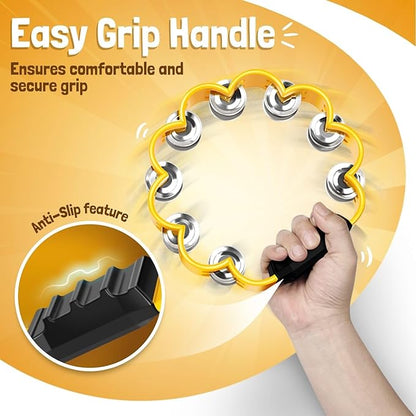 Flexzion Flower Tambourine - 8 Inch Handheld Percussion Instrument w/Metal Jingles & Ergonomic Grip - Small Tambourines for Adults, Kids, Church, Parties, & Musical Events (Yellow)