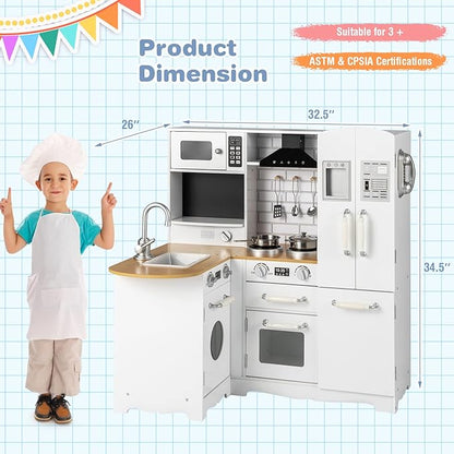 Costzon Corner Kids Kitchen Playset, 11-in-1 Wooden Toy Kitchen Set with Realistic Washing Machine, Microwave, Oven, Stove, Refrigerator, Range Hood, Telephone, Play Kitchen for Toddlers Boys Girls