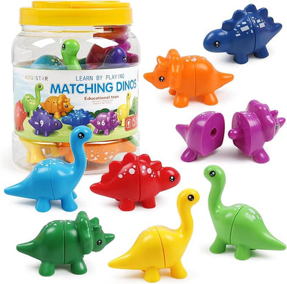 Montessori Matching Dinosaurs Toy, Color and Shapes Recognition, Snap and Pattern Match Game Preschool Learning Toys Homeschooling Activity Class Tool, Birthday Gift for Kids Back to School Goodies