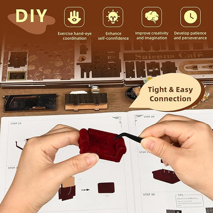 Book Nook Kit, DIY Doll House Booknook, Miniature Kit for Bookshelf Doll Houses for Adults Teen Halloween, 3D Wooden Puzzle Bookends with Led Light and Dust Cover (Saisons Café)