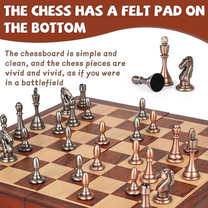 12-Inch Metal Chess Set Pieces – Wooden Chess Board Set Folding Travel Chess Sets,Metal Bronze & Silver Chessmen, Bonus 2 Extra Queens, Portable and Durable Classic Chess Game for Kids and Adults