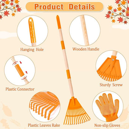 4 Pcs 35'' Kids Rakes for Leaves - Plastic Rake Head with 4 Pairs Kids Gloves, Small Kids Lawn Rakes Detachable Wooden Handle, Autumn Garden Tool Set for Kids Boys and Girls, Orange, 3yr+