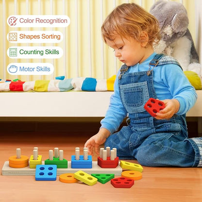 PEBIRA Montessori Toys for 1 to 3-Year-Old Boys Girls Toddlers, Wooden Sorting & Stacking Toys for Toddlers and Kids Preschool, Educational Color Recognition Shape Sorter, Learning Puzzles Gift