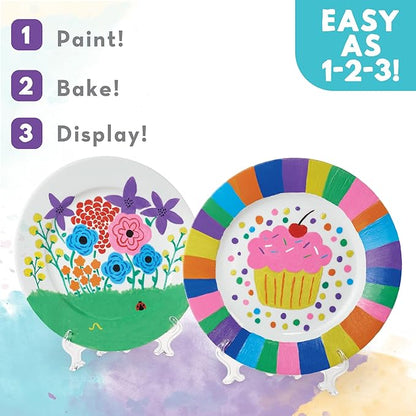 MindWare Paint Your Own Porcelain Plates - Kit Includes 2 Porcelain Plates, 12 Paints, 2 Paint Brushes, and 2 Stands