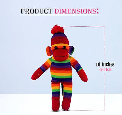Adorable Sock Monkey, The Original Traditional Hand Knitted Stuffed Animal Toy Gift-for Kids, Babies, Teens, Girls and Boys Baby Doll Present Puppet (16" Rainbow)