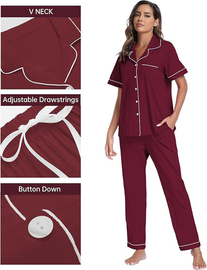 CF Womens 100% Cotton Pajamas Set Button Down Pjs Sets Short Sleeve Top & Long Pants Sleepwear Comfy Loungewear with Pockets