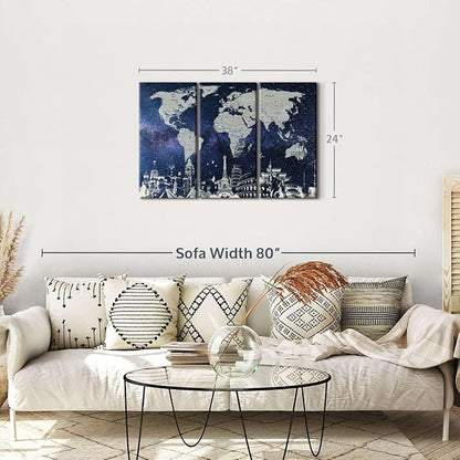ElephantStock Starry World Map Multi Piece Canvas - 3 Panel Wall Decor - Map of the World Art - Canvas for the Office and Home - 38" X 24"