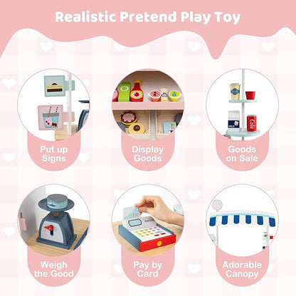 HONEY JOY Kids Food Cart, 30-Piece Toddler Pretend Play Grocery Store Playset w/Cash Register & Scale, Wooden Dessert Shop Play Market, Children Beverage Stand Cart w/Wheels, Gift for Boys Girls
