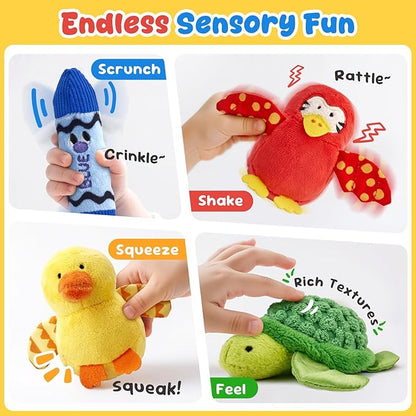 JoyCat Baby Toys 6-12 12-18 Months, Montessori Sensory Toys for 1 Year Old, 12 PCS Pushies with 4 Color Sorting Boxes, Animals Fruit Crinkle Crayon - Whats Inside Boy Girl