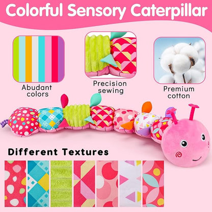 Baby Tummy Time Toy 0-6 Month Musical Stuffed Animal Plush Caterpillar Toy for Infant 6-12 Month Teething Sensory Toy with Crinkle Rattle for Babies 0-3-6 Month Newborn Toys Girl Shower