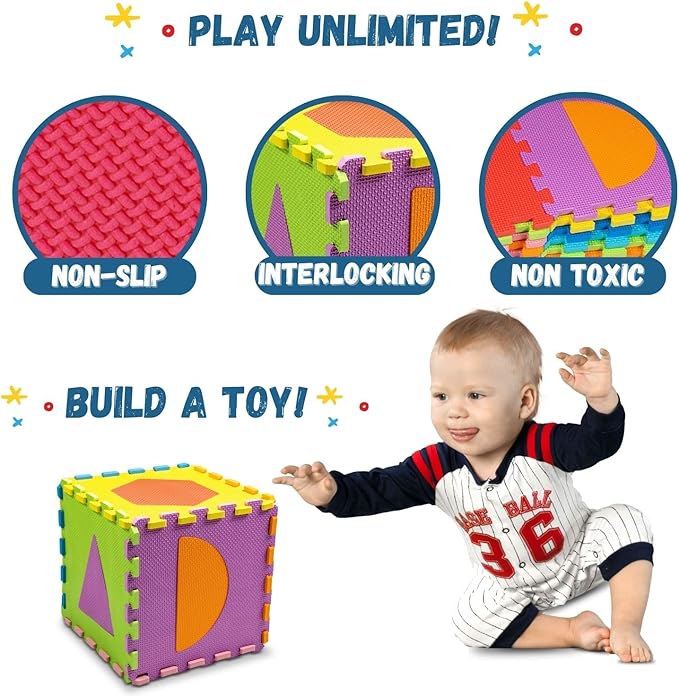 TOYVELT Foam Puzzle Floor Mat for Kids 12x12-16 Interlocking Play Mat Tiles with Color & Shapes - Educational Large Puzzle Foam Floor Tiles for Crawling, Exercise, Playroom, Play Area