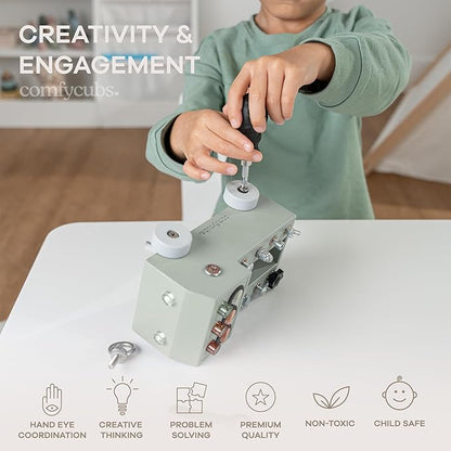 Comfy Cubs Busy Board Toy Truck Set - Fun & Noise-Free, Pine Wood Activity Board for Toddlers with LED Light Switch - Designed in The US, Focused & Engaging Montessori Play for Kids 3+ (Sage)
