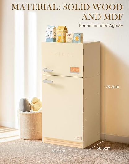 ROBOTIME Play Kitchen Toy Fridge - Wooden Toy Refrigerator with Accessories, Pretend Play Kitchen Set for Kids & Toddlers, Freezer with Play Food for Ages 3+ (Creamy Rustic Style)