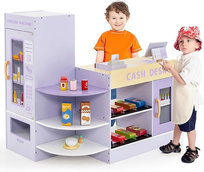 HONEY JOY Kids Grocery Store Playset, Wooden Supermarket Playset w/Cash Register & Vending Machine Toy, Blackboard, Checkout Counter Stand, Grocery Store Pretend Play for Toddler Boys Girls (Purple)