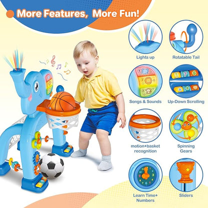 Shemira Toddler Basketball Hoop & Soccer Goal Activity Center Toys with Light & Music,Elephant Toddlers Musical Toys Gift, Baby & Toddlers Christmas Birthday Gift for 1 2 3 Year Old Boys & Girls