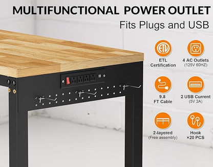 96” Heavy Duty Work Bench, 2-Layer Adjustable Workbench, 5000 LBS Capacity Work Bench with Power Outlet & Pegboard, Rubber Wood Work Table for Garage, Workshop, Office, Home