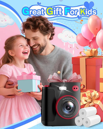Instant Print Camera for Kids - Classic Black Digital Camera for 3-12 Year Olds, 1080P HD with 32GB SD Card, Selfie Mode & Durable Design, Ideal Christmas Birthday Gift, Portable Travel Toy